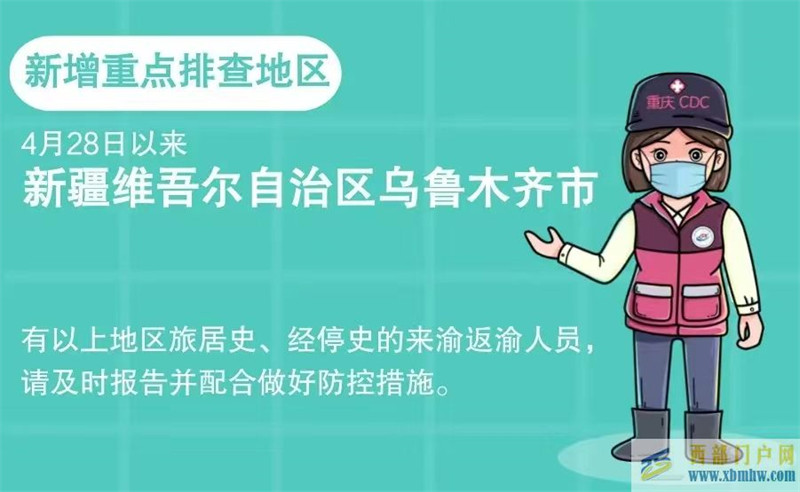 重慶疾控5日健康提示:新增排查1地烏魯木齊(圖1) 重慶疾控5日健康提示:新增排查1地烏魯木齊(圖1)